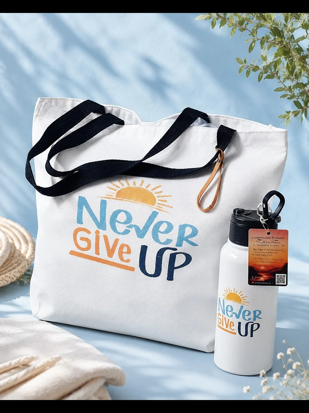 2-Set Never Give Up White Canvas Tote Bag with Black Handles & 32oz Thermo.